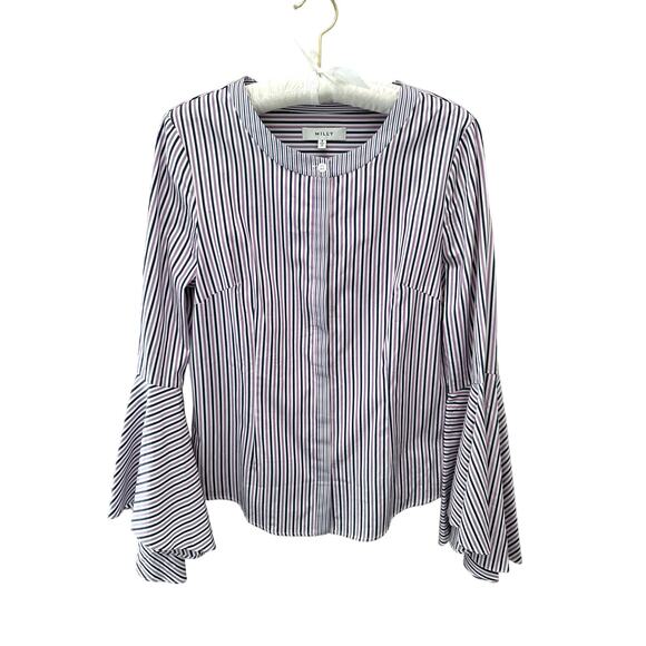 MILLY | Striped Bell Sleeve Blouse Purple Navy Cotton Top | Size 8 - Picture 1 of 8